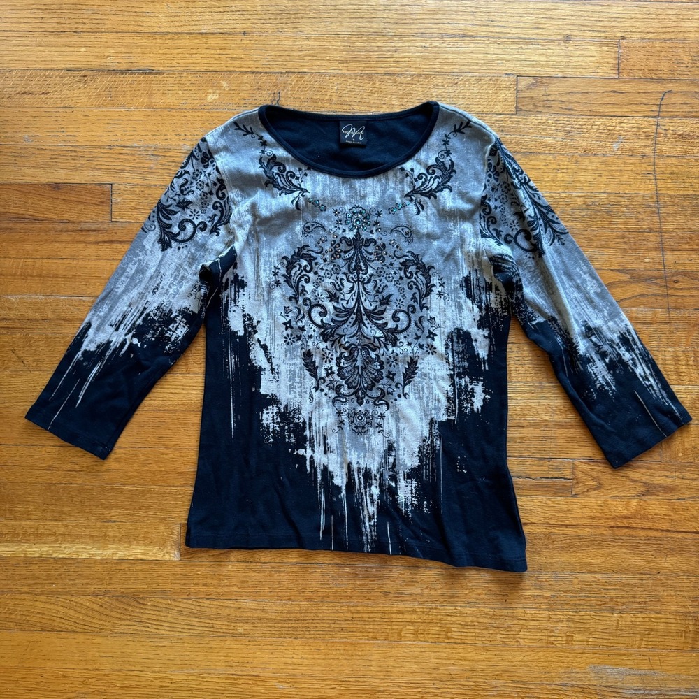 Katina Marie Womens Black Grey‎ Damask Rhinestone 3/4 Sleeve Top Small USA Made
